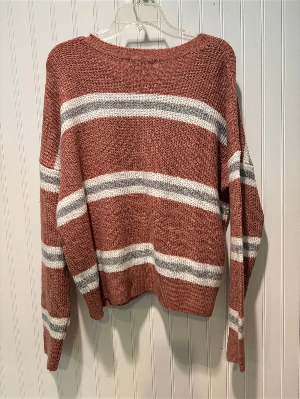 NWT Hazel Moon Rusty Mauve and Gray Striped Crewneck Sweater Size xL